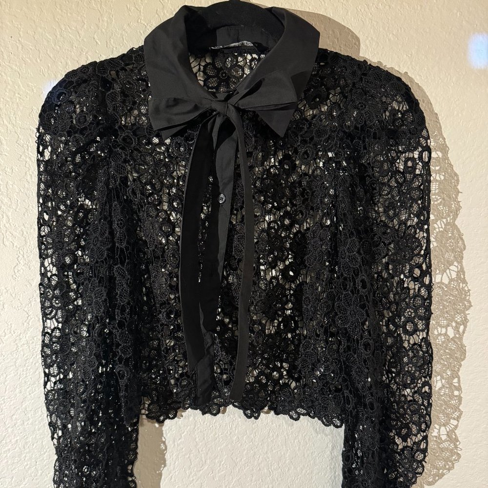 Zara Black Lace Blouse with Collar and Neck Tie - Size Small